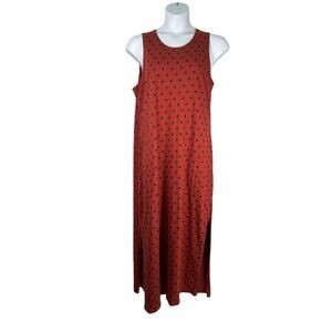 Lands End Dress Women Large 14/16 Burgundy Polka Dot Maxi Side Slit Hand Pockets